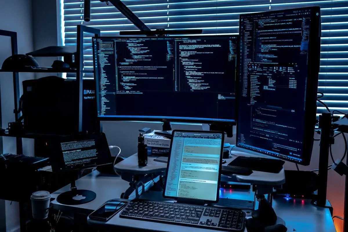 A desk with several monitors